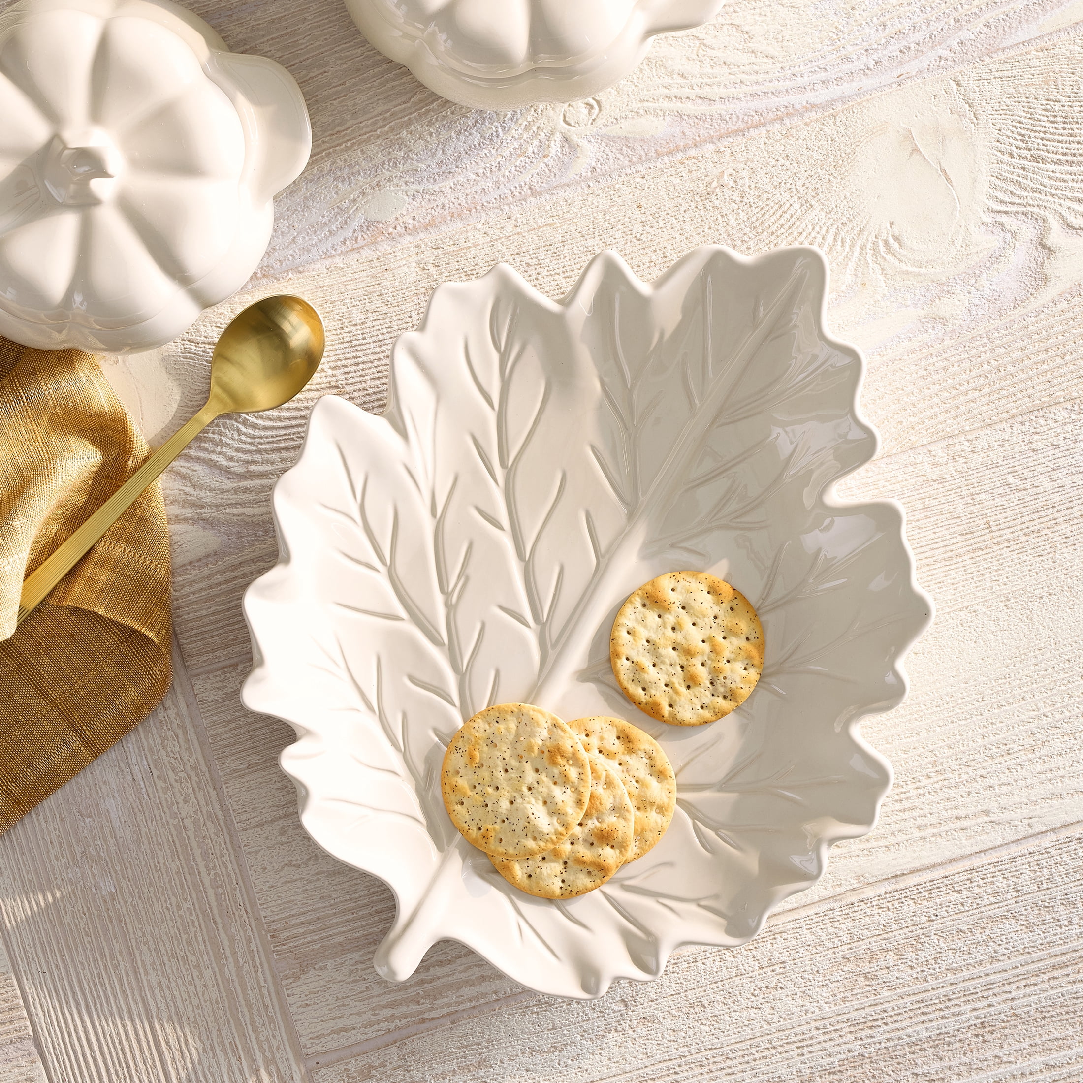 Better Homes & Gardens Figural Leaf Stoneware Serving Platter, Cream, 12 in x 10 in