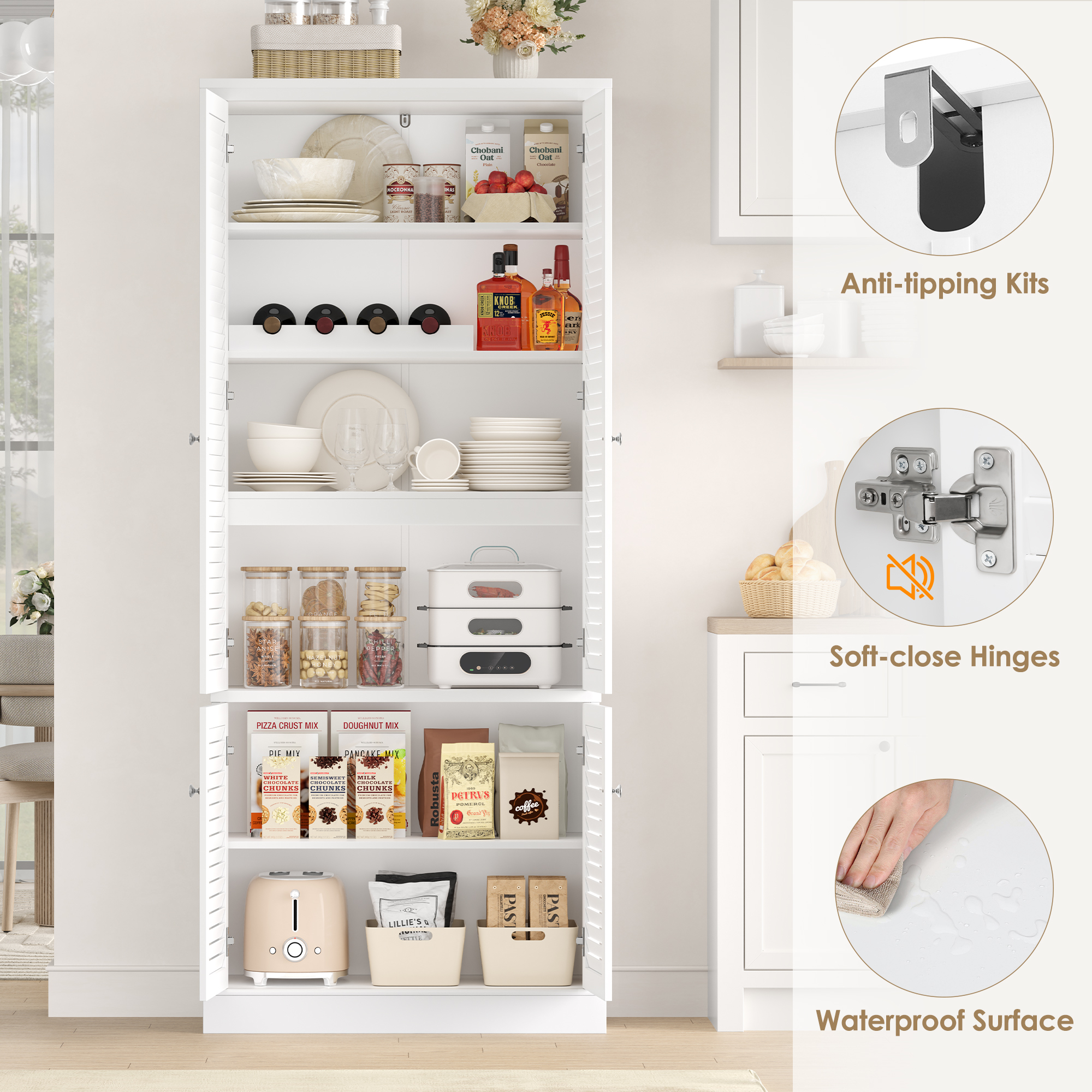 Homfa 70.9'' Tall Kitchen Pantry with Adjustable Shelf, Coastal 4 Louvered Doors Pantry Storage Cabinet for Dining Room, White
