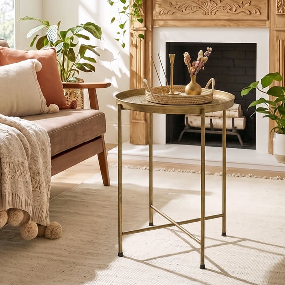 HOMCOM 18" Round Coffee Table with Hammered Tray Top, Vintage Metal Center Table for Living Room, Bedroom, Side Table, Gold