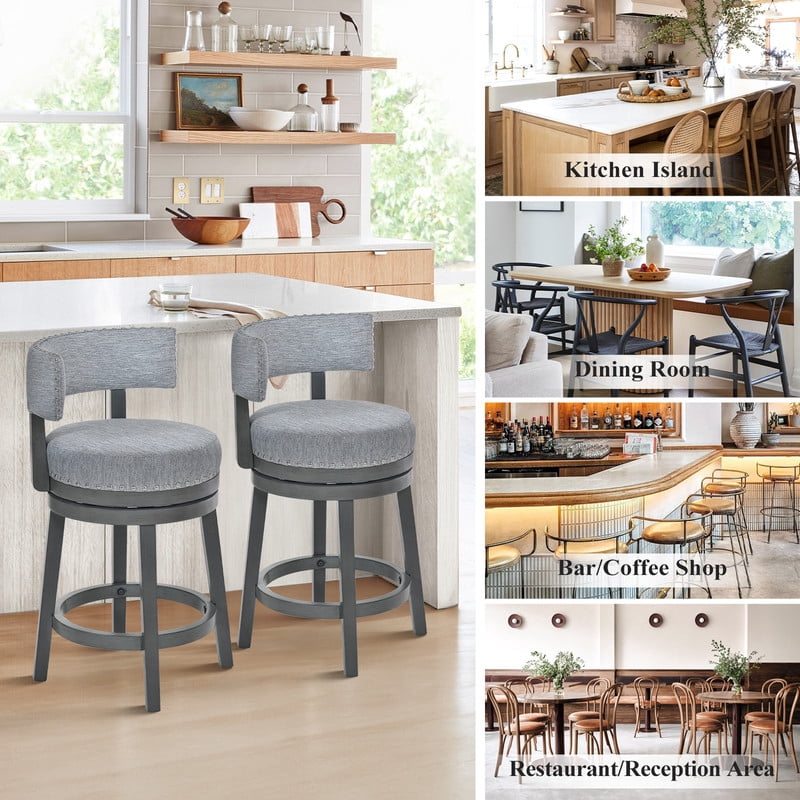 COLAMY Swivel Bar Stools Set of 3, 25 Inch Counter Height Stools, Modern Upholstered Wood Bar Chairs with Back for Kitchen Island Dining Room Bar, Fits 34-40" Height, Gray