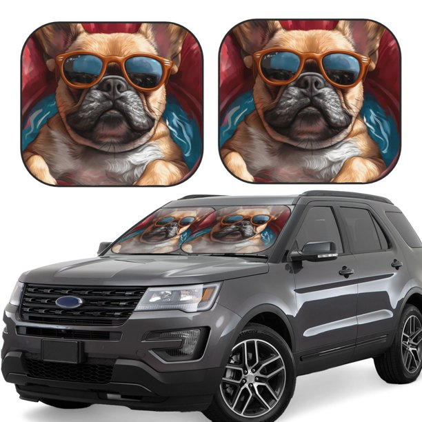 Balery French Bulldog In Sunglasses Parasol para parabrisas de coche de 2 piezas | Parasol plegable para parabrisas delantero de coche para la mayoría de sedanes-Medium