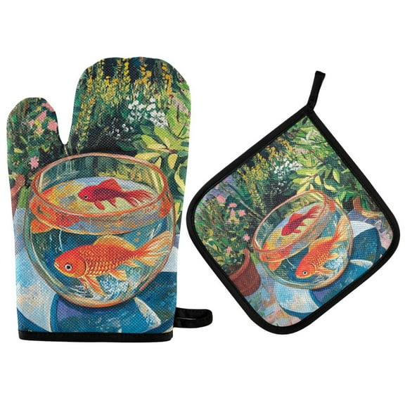 Yayeee Oven Mitts and Pot Holder Set of 2 Heat Resistant Kitchen Gloves Baking Hot Pad, Art Goldfish Bowl