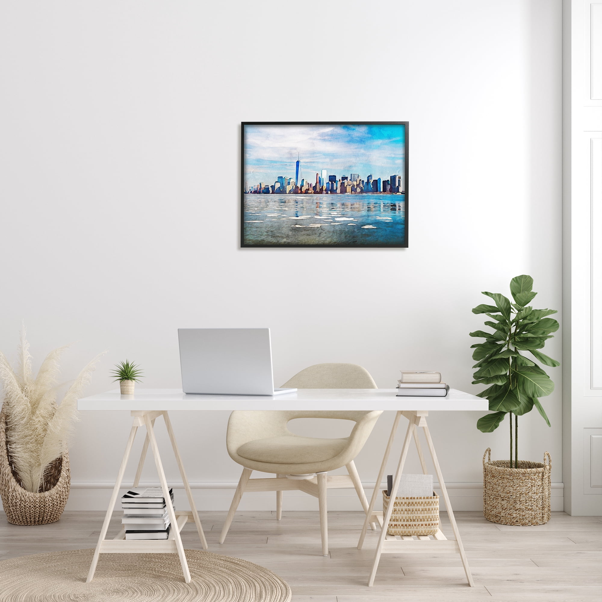 Stupell Distant New York City Skyline Buildings Travel & Places Painting Black Framed Art Print Wall Art