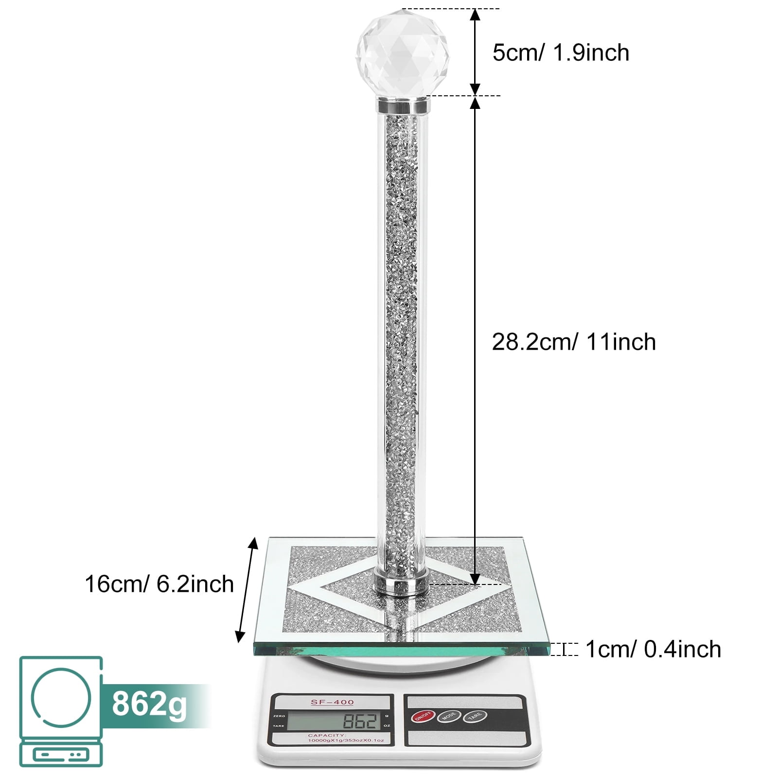 YTCYKJ Towel Holder , Square Base Vertical Paper Towel Holder with Sparkling Crystal Crushed Diamond Accents for Kitchen, Dining Table and Bathroom, Silvery