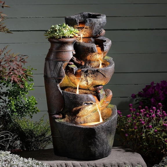 5 Tiered Rock Water Fountain Outdoor with Vintage Jar, Cascading Waterfall Fountain with LED Lights, Outdoor Fountains for Garden or Patio, Yard, and Deck Decor, 16.5" L x 12.6" W x 31.7" H