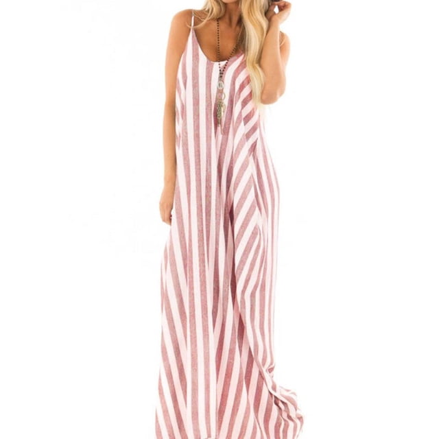 yingyy Vacances Femmes Strappy pour Cami Rayé Longue Robe Boho Dames Plage Maxi Rose L
