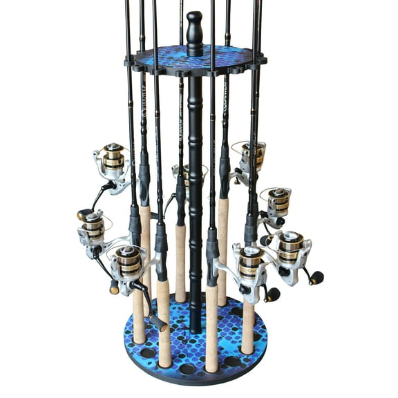 Rush Creek Creations Blue 16 Round Freshwater and Ice Fishing Rod Holder Storage Rack with Wood Post - No Tool Assembly