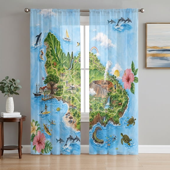 Summer Island Sheer Curtains 96 Inch Length 2 Panels Set, Tropical Coastal Volcano Flowers Ocean Ship Voile Window Treatment Semi Sheer Long Curtains Drapes for Bedroom/Living Room/Kitchen 52"x96"x2