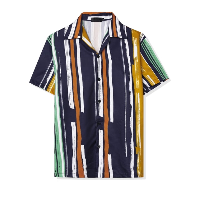 INSPIRE CHIC Camisas de bloque de color con cierre de botones y mangas cortas con estampado de rayas de verano para hombre Azul amarillo L