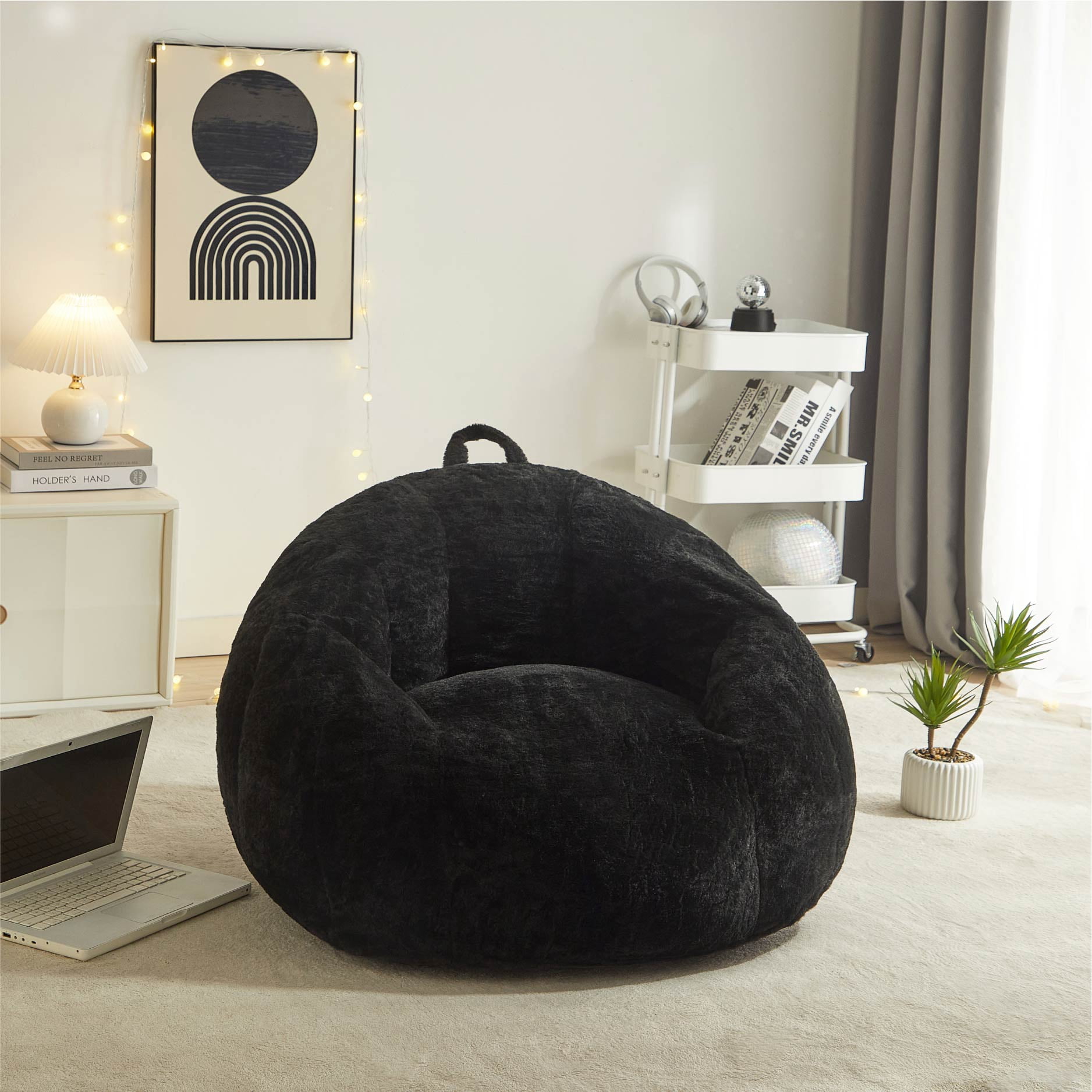 Urban Shop Faux Rabbit Fur Foam Lounge Floor Bean Bag Chair, Black
