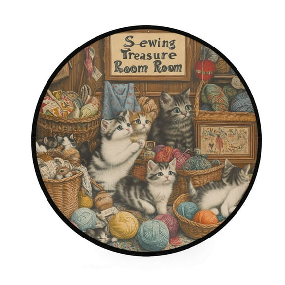 BZSMCE Round Decorative Floor Mat Naughty Kittens Pattern 36.2IN