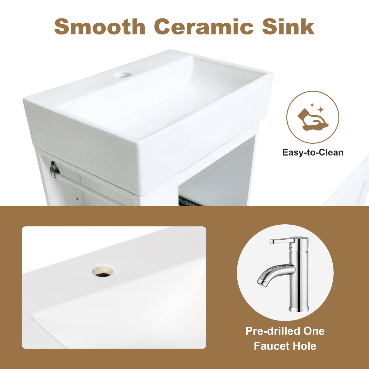 20" Bathroom Vanity with Ceramic Sink, Freestanding Bathroom Vanity with  Drawer and Side Open Shelf,  Bathroom Cabinet for Small Bathrooms, White