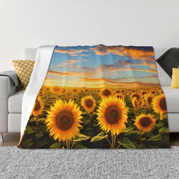Balery Beautiful Golden Sunflower Field Manta de Franela con Dibujo, Lujo Ultra Suave y Cálido, Antipelusa y Resistente a las Arrugas para Cama, Sofá, Camping -40"x30"