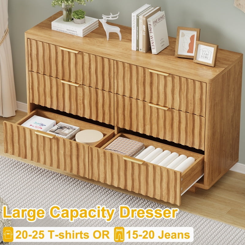 Fluted 6 Drawer Dresser for Bedroom, Wide Modern Chest of Drawers with Metal Handle, Curved Profile Design, Wood Closet Clothes Storage Organizer for Bedroom, Living Room, Hallway