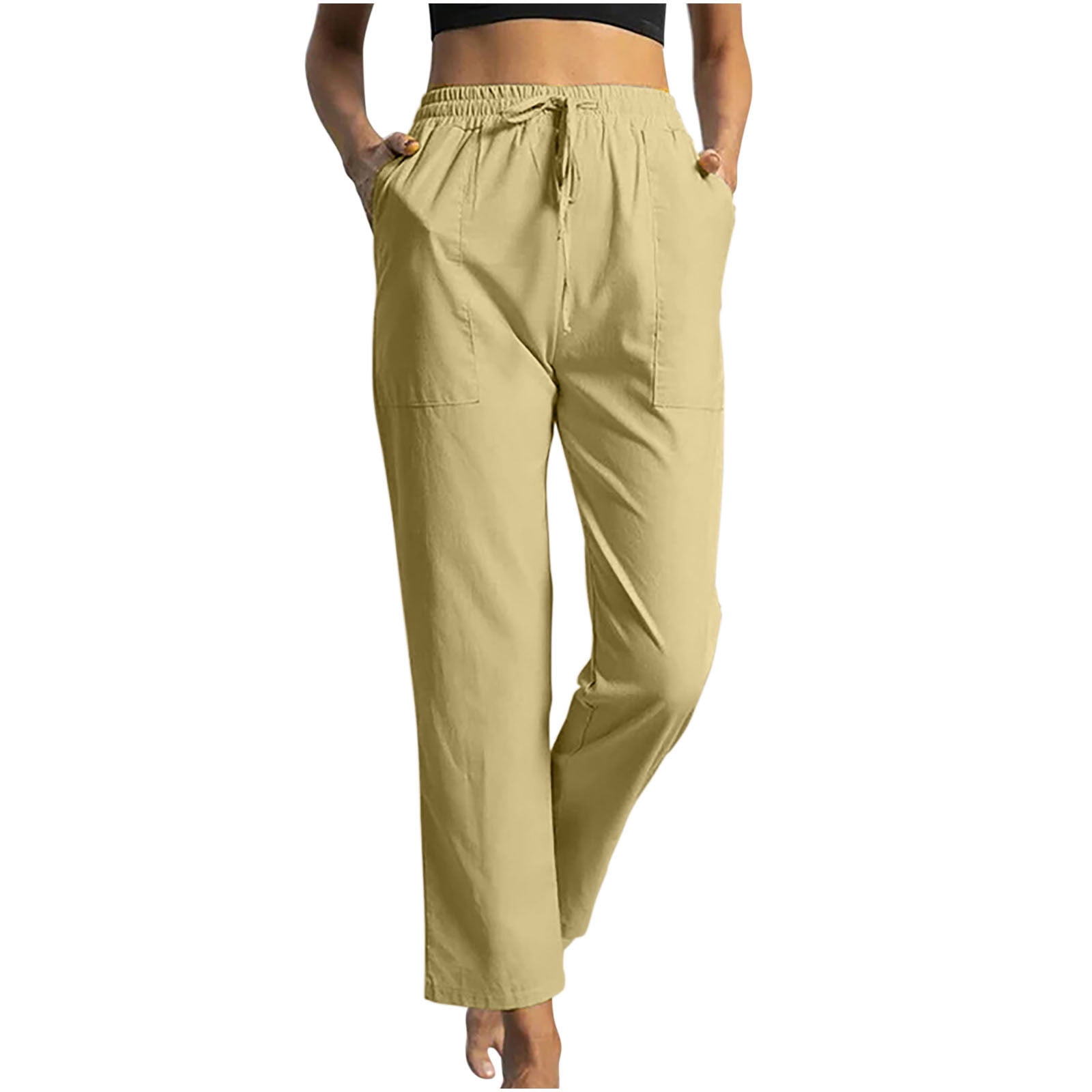 Mrat Girls Baseball Pants Full Length Pants Women Solid Cotton Linen Ankle-Length Pants Pokets Casual Elastic Trousers Long Pants Trousers Ladies Comfy Pants Khaki XL