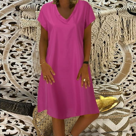 Bramtres Midi Dresses Modest Dresses Womens Fashion Dress Solid Color Short Sleeve V Neck Mid Length Dress Short Sleeve Dress Summer Dress Casual Dresses Hot Pink Dress XXL