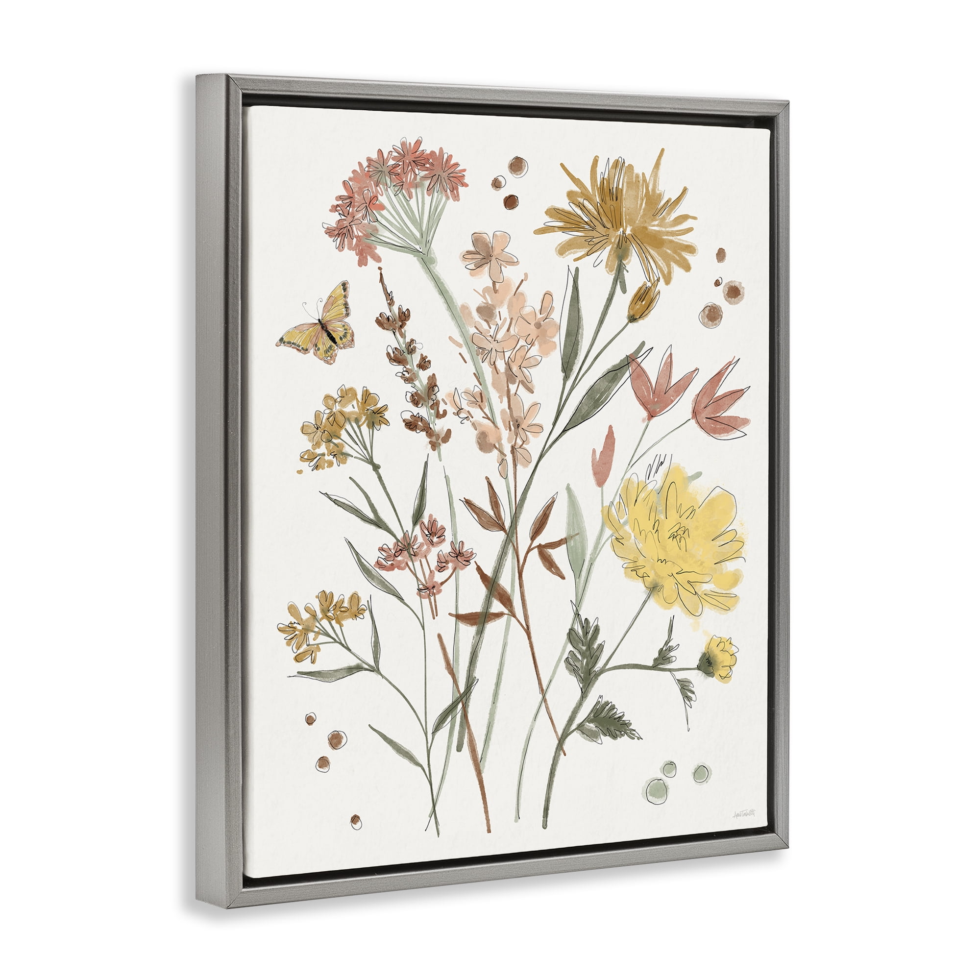 Stupell Industries Full Bloom Wildflowers Plants & Flowers Painting Gray Floater Framed Canvas Art Print Wall Art, 17 x 21