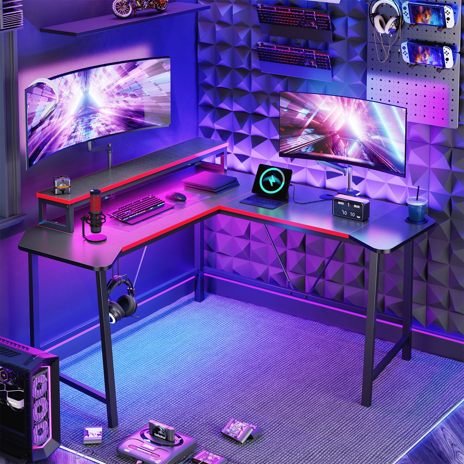 Bestier L-Shaped Gaming Desk 57 Inch Corner Computer Desk with LED Lights & Monitor Riser, Carbon Fiber