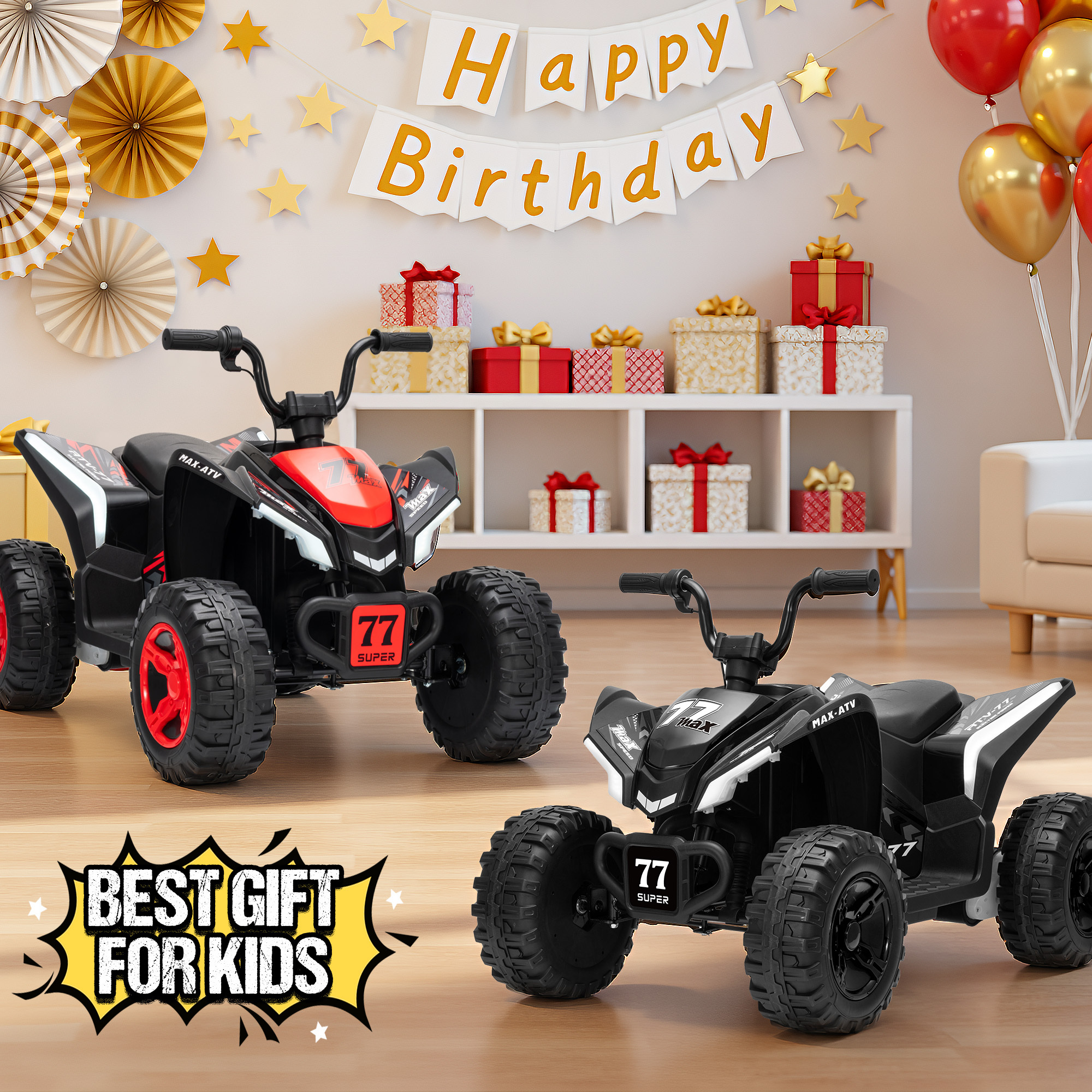 Kids ATV 4 Wheeler, Two Seater 24V Ride On Toy for Big Kid w/Unique LED Light, Music, Wireless, Story, 24 Volt Ride on Car Electric Quad for Boys Girls, Black