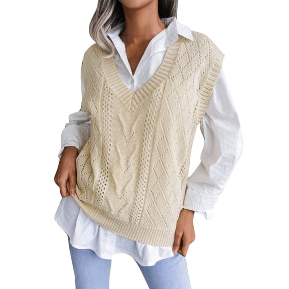 SGMVNU Sweater Vest for Women V Neck Sleeveless Knit Solid Color Sweaters Casual Ribbed Preppy Pullover Fall Tops White, Size L