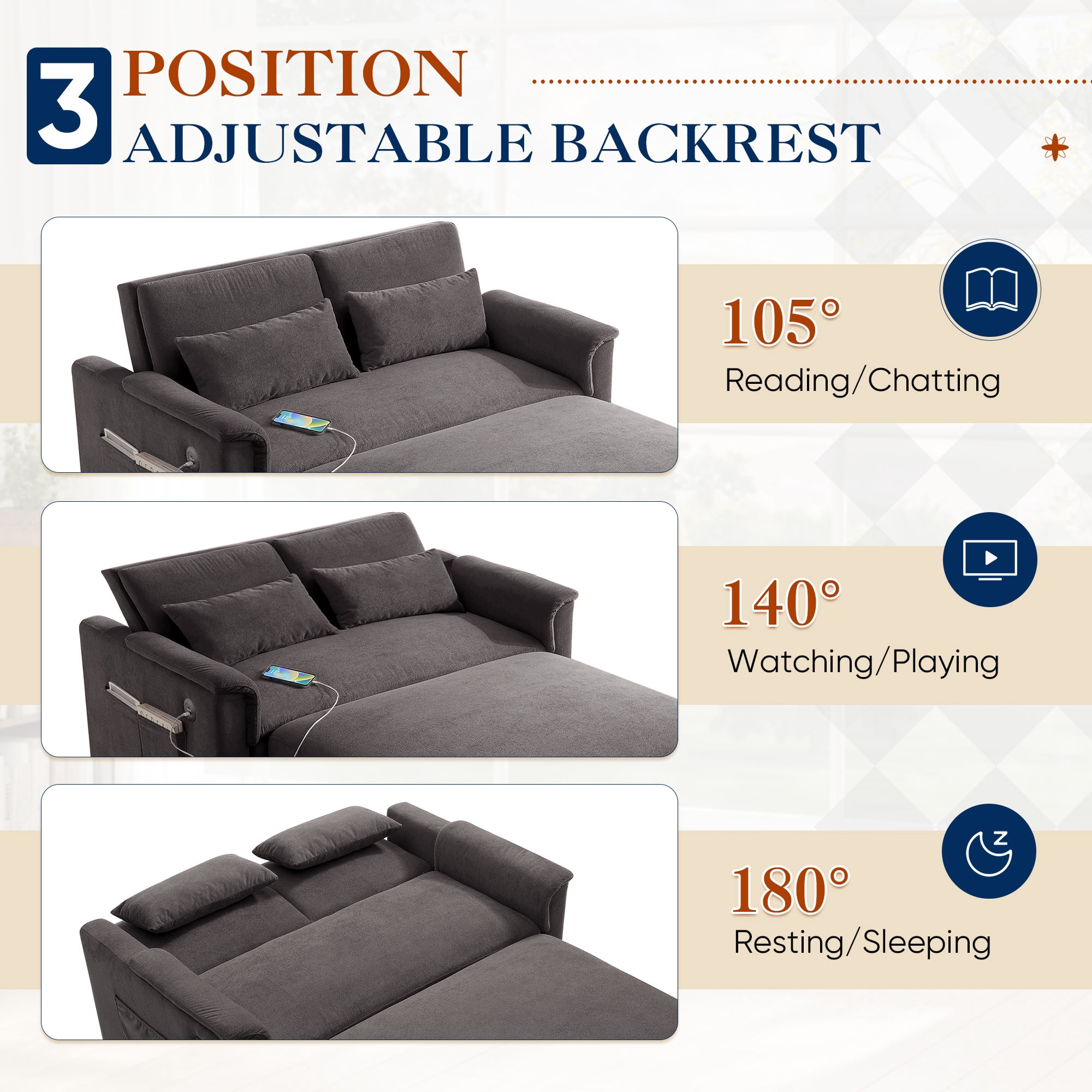Lunale Convertible Sofa Bed with USB, 55" Loveseat Sleeper for Living Room, Apt, Gray Velvet