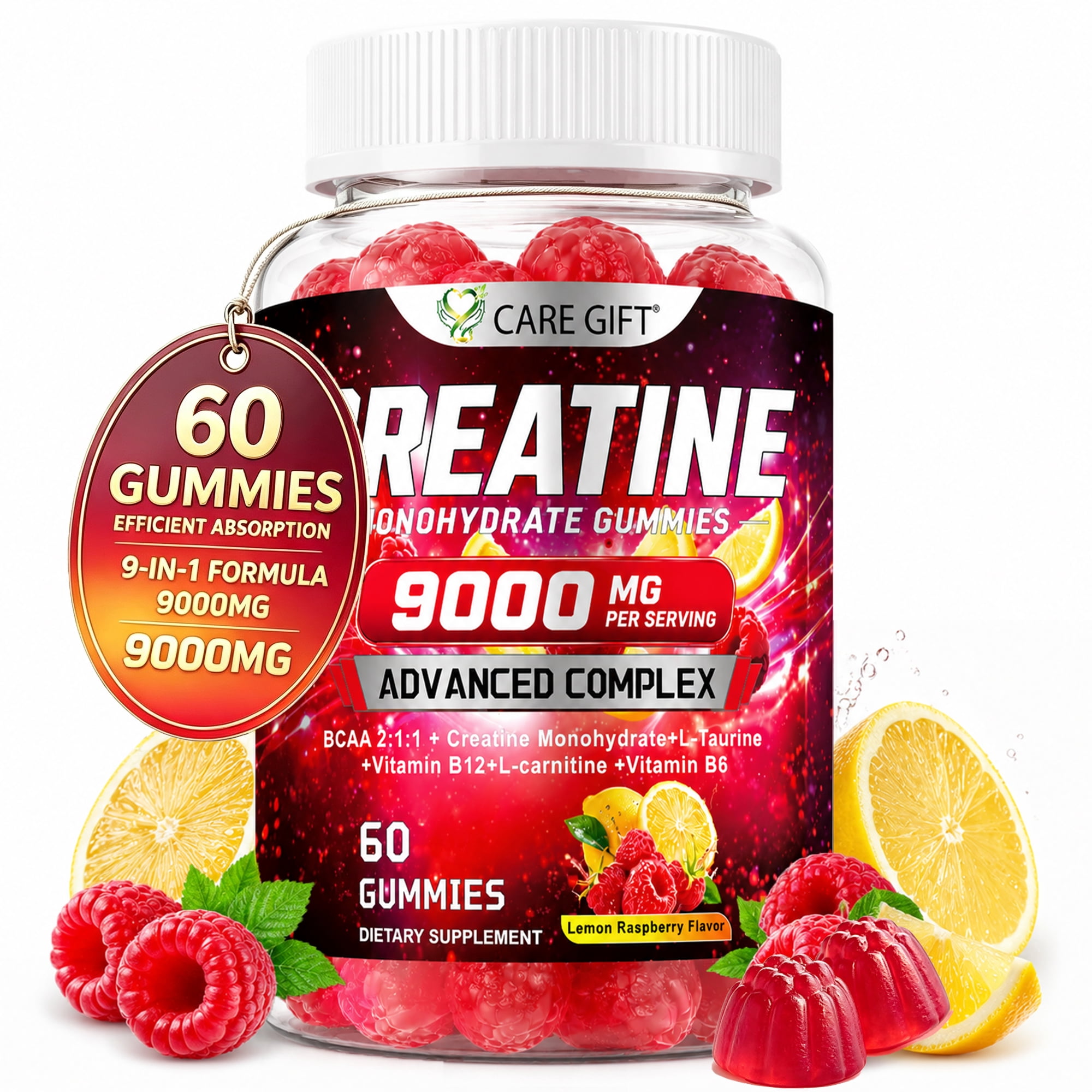 Creatine Gummies – 9000mg Pre-Workout with BCAA & Taurine for Strength & Recovery, 60 Count