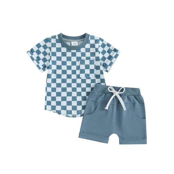 Sylvamorning Ensembles de Shorts pour Tout-Petits Garçons 6M 12M 18M 24M 3T T-Shirts à Manches Courtes à Carreaux avec Ourlet Roulé Shorts Tenues 2 Pcs Vêtements d'Été Décontractés Quotidiens pour Nourrisson