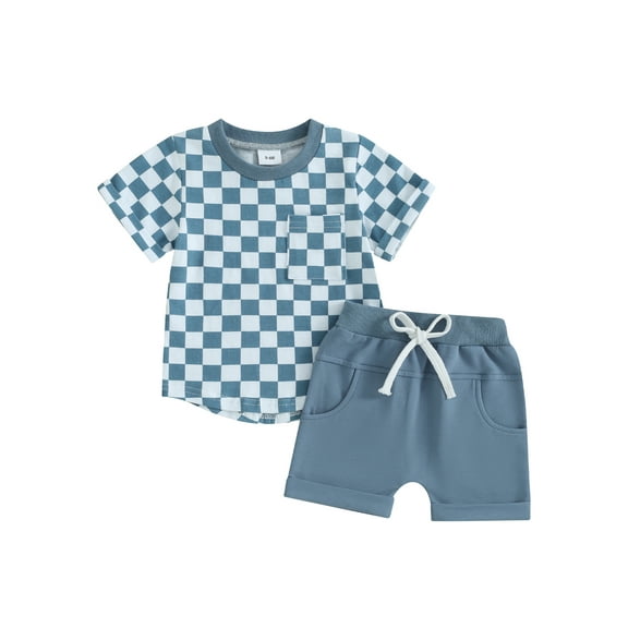 Licupiee Toddler Baby Boy Girl Summer Clothes Checkerboard Print Short Sleeve T-Shirt Tee Tops Rolled Shorts Infant Outfits 0-3T