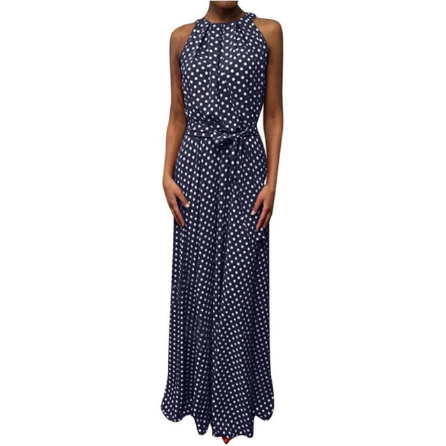 AMERTEER Mode Femmes Sans Manches Polka Dot Imprimé Ceinture Licou Fête Banquet Maxi Robe