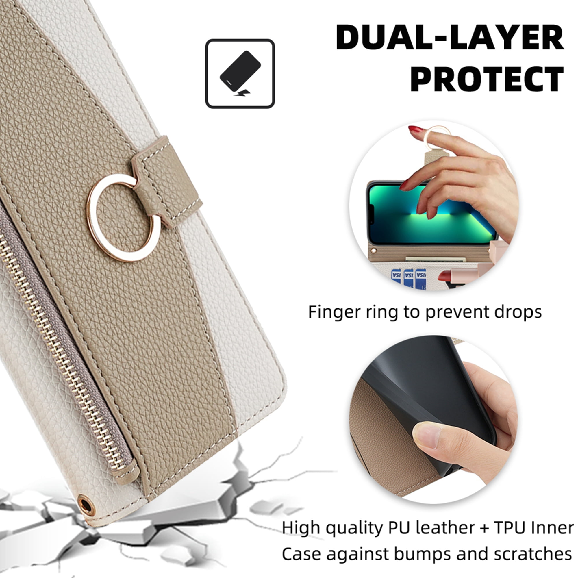 Dteck Crossbody Wallet Case for iPhone 11 Pro Max, Premium Color-Blocking PU Leather Zipper Purse with Card Holder Mini Mirror for Women Girls, Folio Flip Phone Case with Magnetic Closure,White