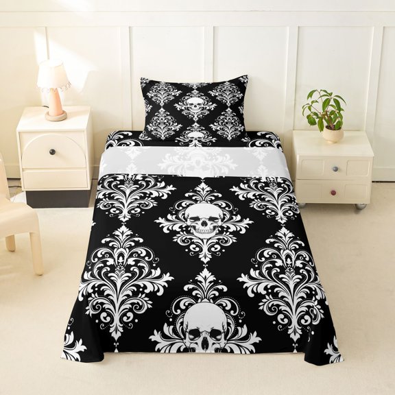 Homewish Spooky Halloween Skull Twin Sheets,Retro Damask Bedding,Black White,3pcs,1 Fitted Sheet and 1 Pillowcase