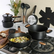 Oster Platinum Oxburg 14 Piece Forged Aluminum PFA Free Non-toxic Premium Ceramic Non Stick Interior Cookware & Kitchen Tools Set - Black W. Wood Handles