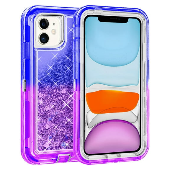 For Apple iPhone 12 Pro / iPhone 12 6.1 inch Tough Defender Sparkling Liquid Glitter Heart Case Cover Blue/Purple