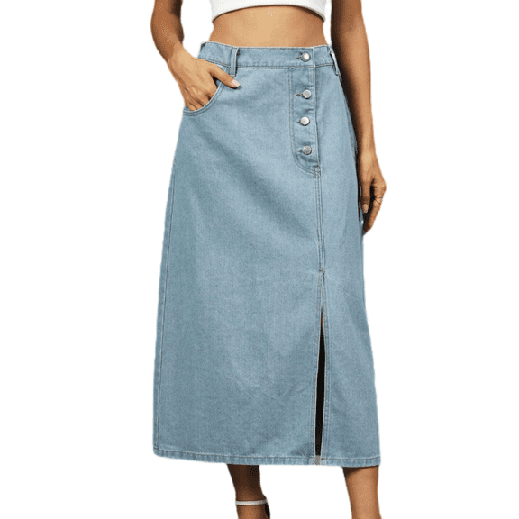 LYMAYTER Women Jean Skirt Casual Side Slit Denim Skirt High Waisted Button Mid-Length Skirt with Pockets