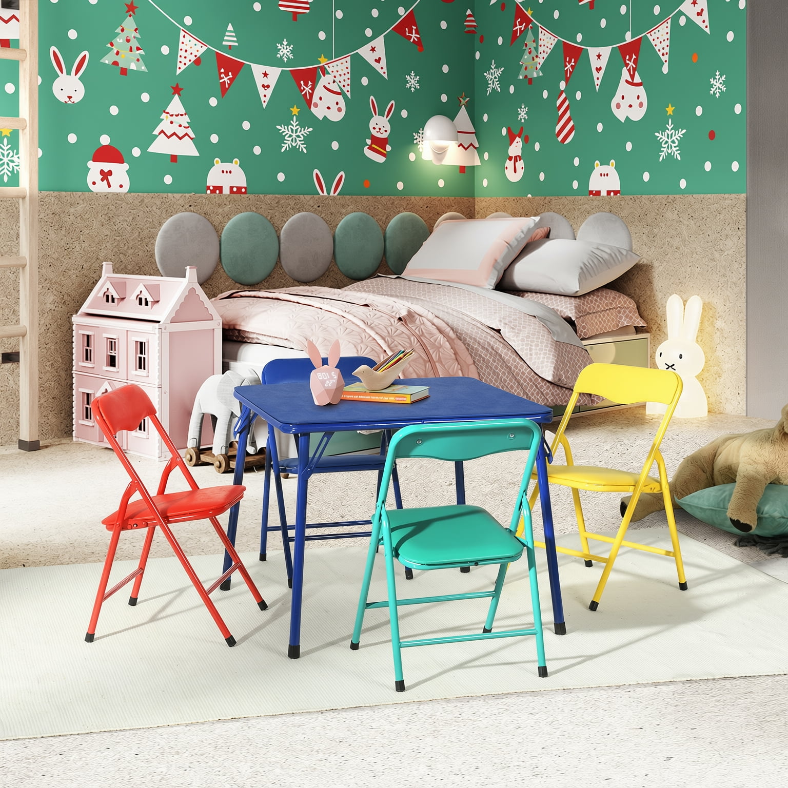 FurnitureR 5-Piece Kids Folding Table and Chair Set, Colorful Metal Activity Play Table with 4 Seats, No Assembly Required, Vinyl Padded for Playroom, Daycare, School