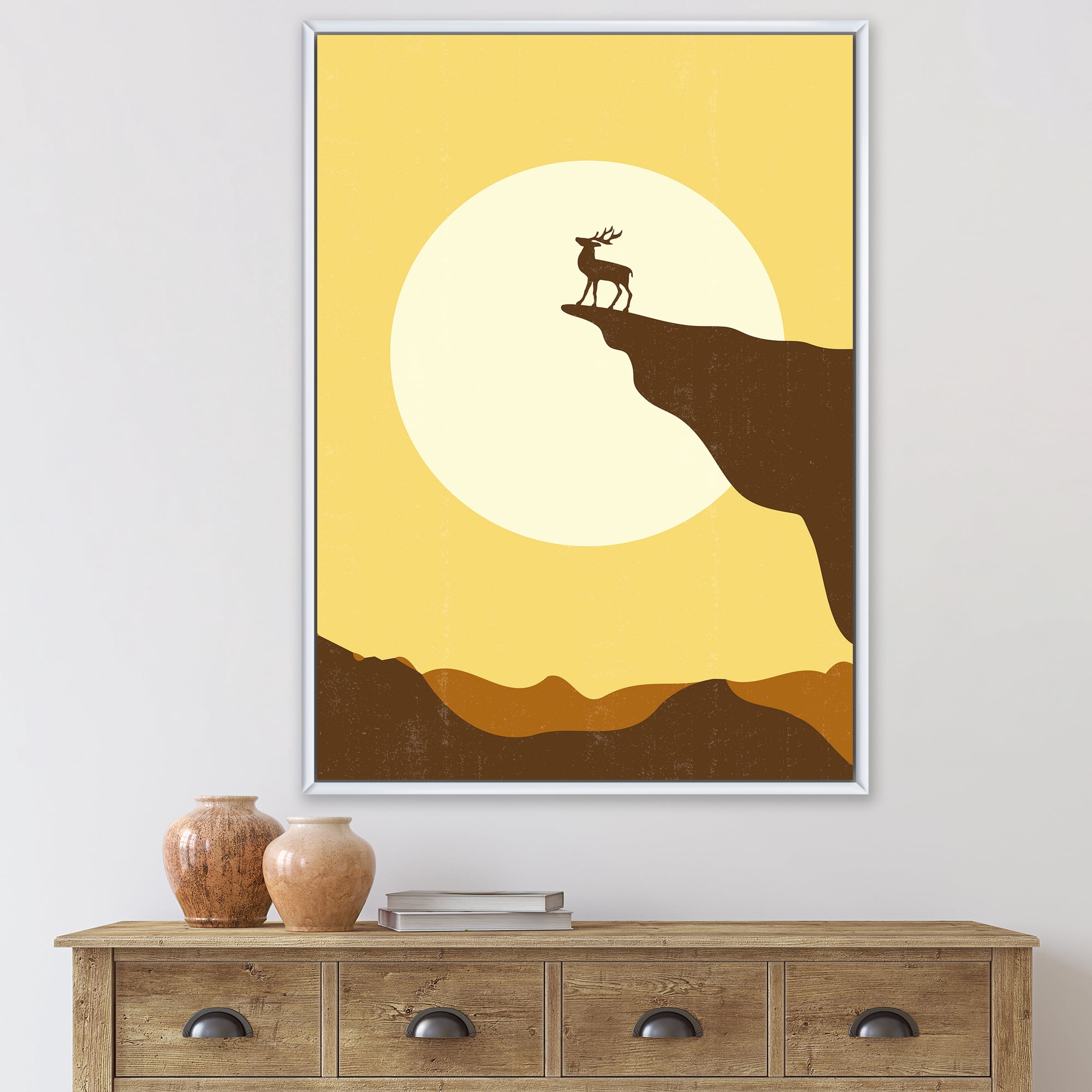 Designart 'Minimalistic Deer At Sunset On Mountain Top' Lake House Framed Canvas Wall Art Print
