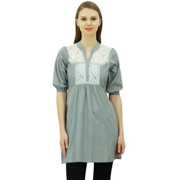 Bimba Women's Solid Pattern Lace Tunic Top 3/4 Puff Sleeve Short Cotton Kurti