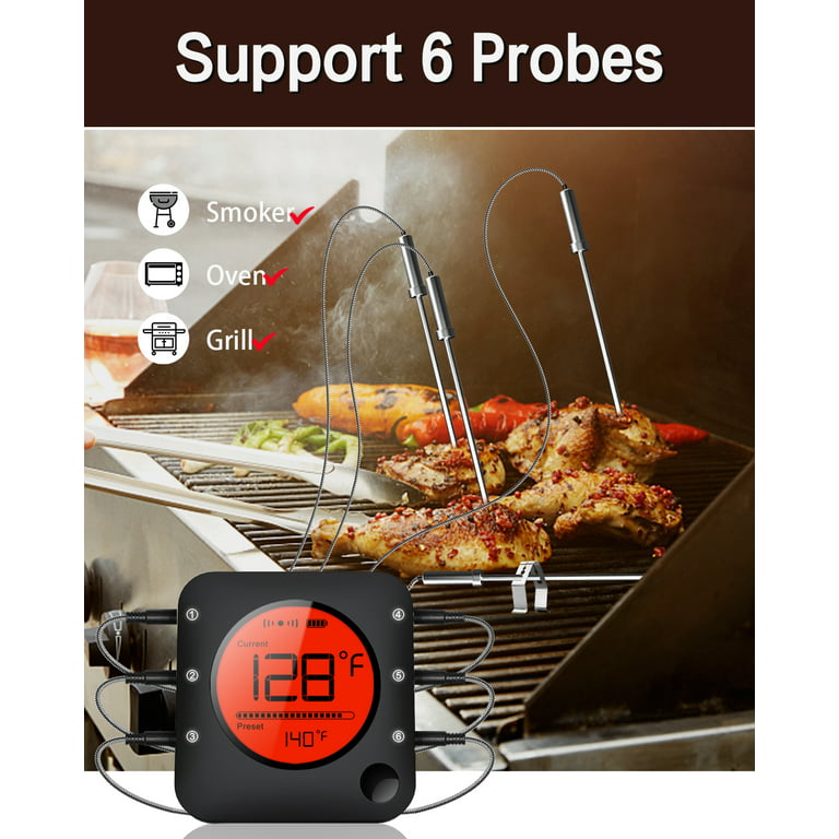 Bfour Smart Bluetooth Meat Thermometer with 6-Probes, Wireless Meat Probe  Thermometer for Grilling Smoker, Cooking, Kitchen, Grill Oven, LCD Display