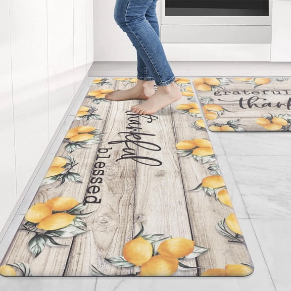 Kitchen Floor Mats 2Pcs, Anti Fatigue Kitchen Rugs and Mats Farmhouse Lemons Non-Skid Cushioned Floor Comfort Mat for Kitchen, Doorway, Sink, Laundry, 17"x27" 17"x47"
