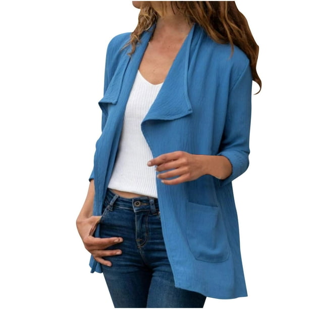 Mujeres Color sólido Casual Manga larga Bolsillo Media longitud Cardigan Tops Blusa Abrigo Pompotops qwe21223