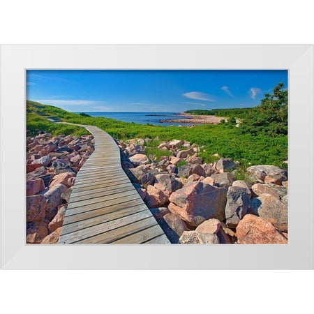 Jaynes Gallery 14x11 White Modern Wood Framed Museum Art Print Titled - Canada-Nova Scotia-Cape Breton Island Wooden walkway along rocky shoreline
