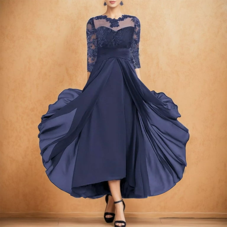 HJYCHN Elegant Women's Evening Gown with Chiffon Fabric and Delicate Lace  Stitching Out Sleeve Design for Night Out Blue M - Walmart.com