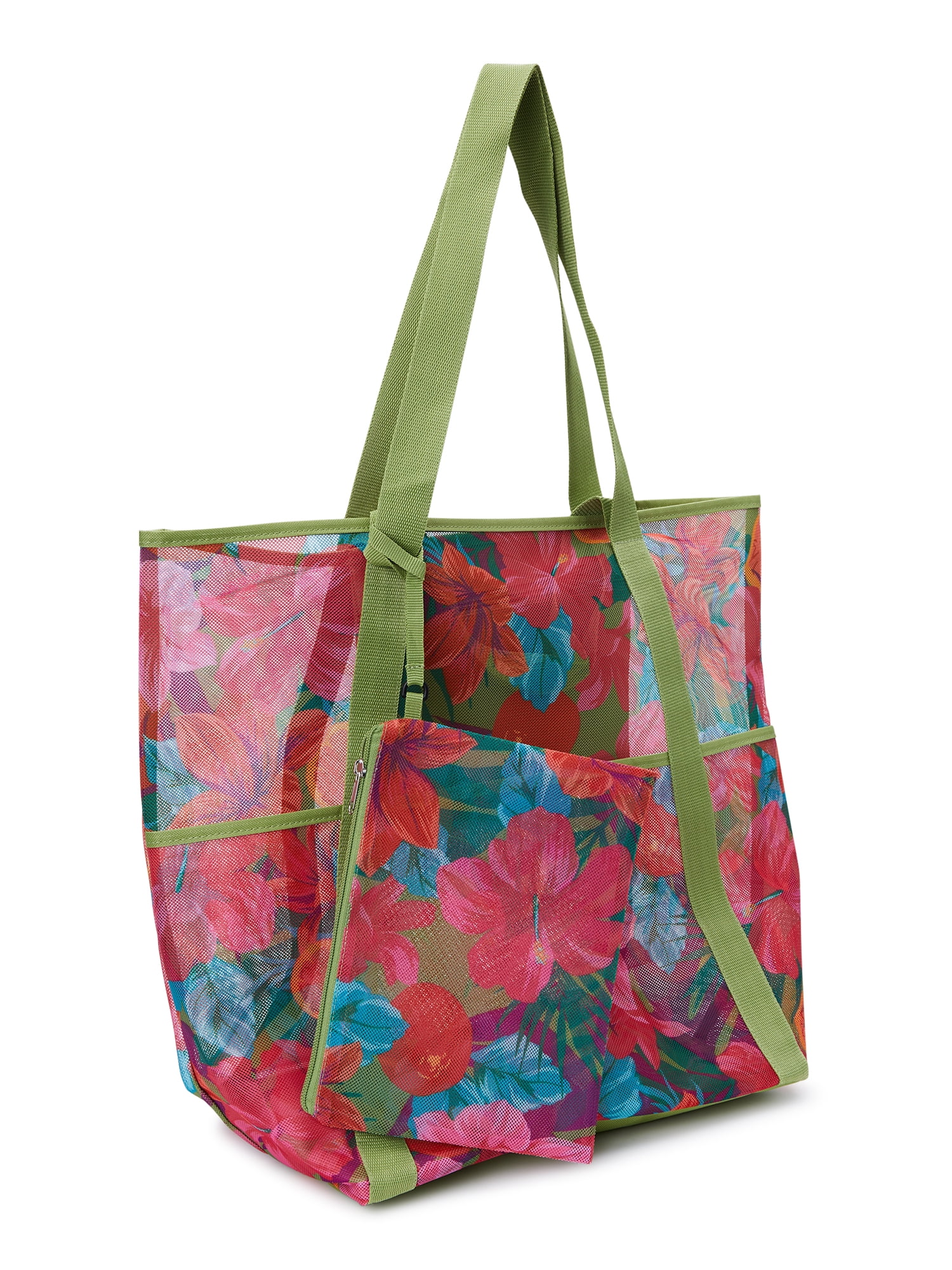 Time and Tru Women's Mesh Beach Tote Handbag, Tropical Lily