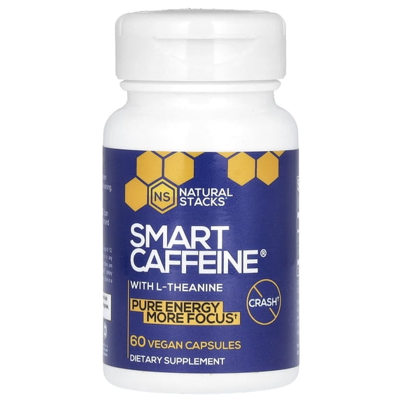 NATURAL STACKS Smart Caffeine Pills - 100mg Caffeine   200mg L-Theanine Supplement - Supports Energy and Focus - No Jitters and No Crash - 60 Capsules