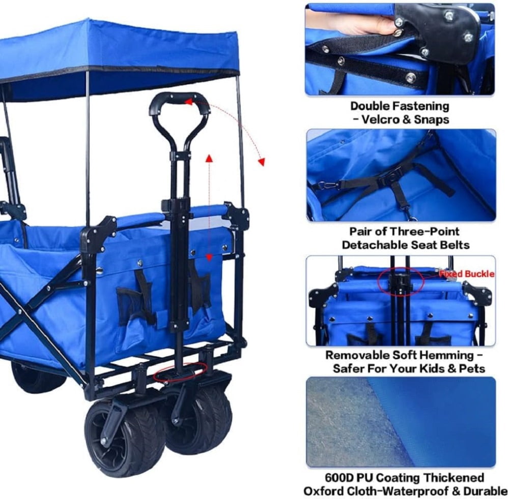 Collapsible Wagon Wagon Cart with Removable Canopy, Heavy Duty Foldable Beach Wagon with  All Terrain Wheels and Brake, Adjustable Push Pull Handle, 220LBS Cooler Bag Utility Carts for Outdoor, Blue