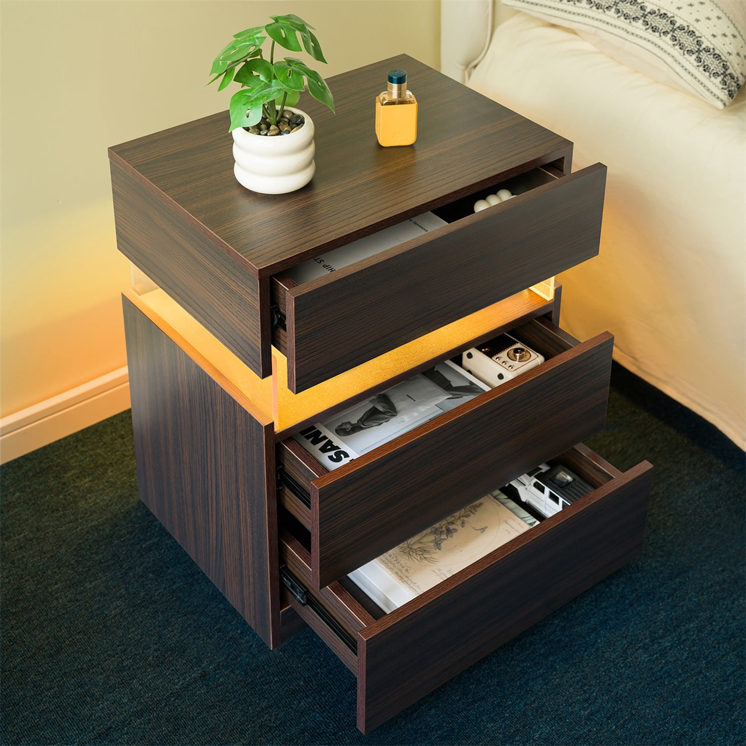 Hommoo 3 Drawer Dresser LED Nightstands, End Table Bedside Tables for Bedroom, Living Room, Walnut