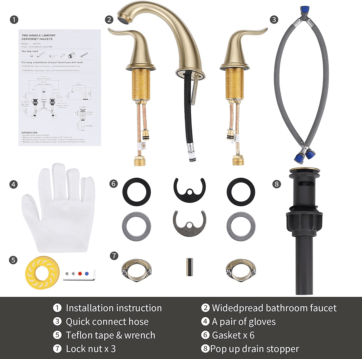 WOWOW Widespread Bathroom Faucet Brushed Gold Bathroom Sink Faucet 3 Hole Vanity Faucet