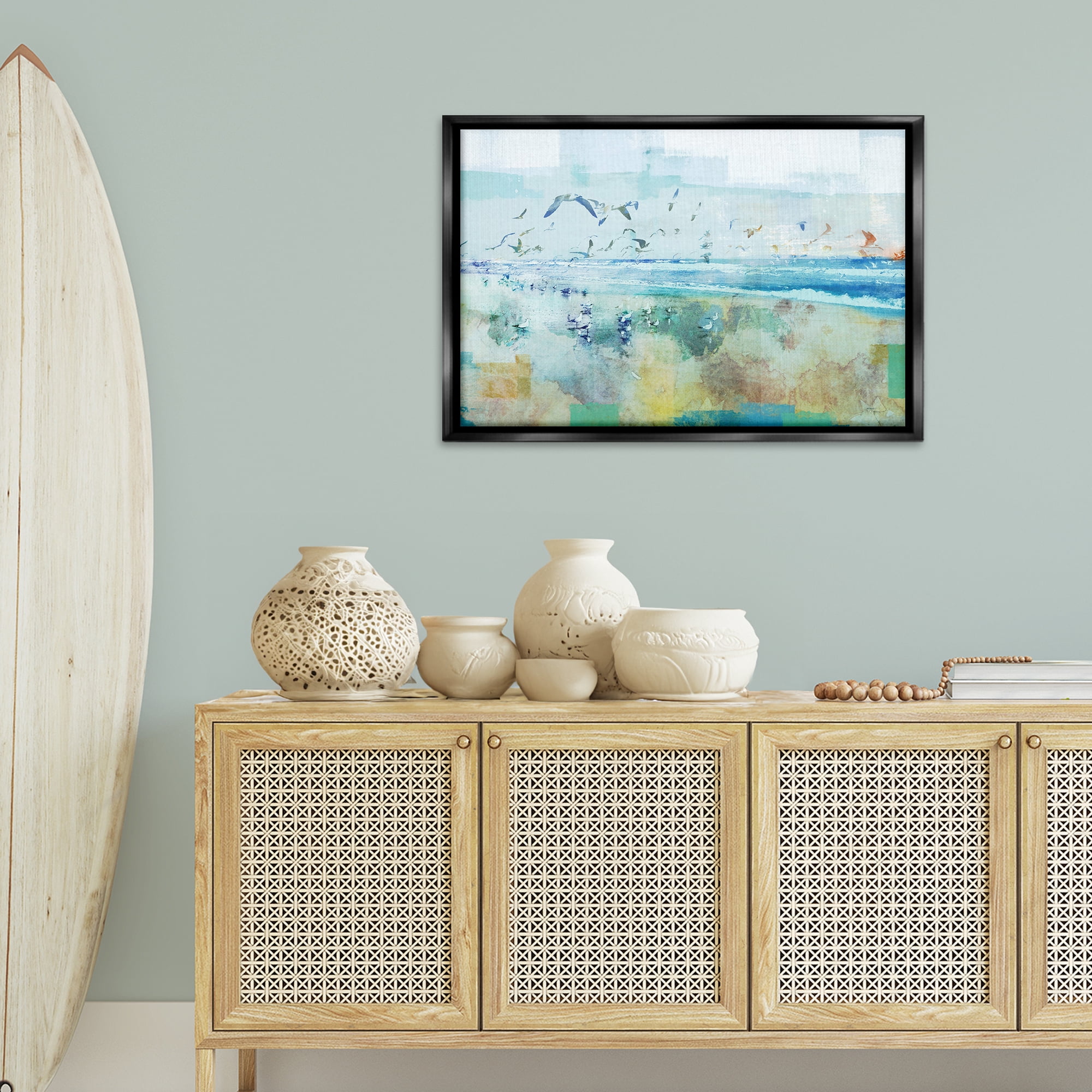 Stupell Industries Abstract Birds Over Beach Abstract Painting Black Floater Framed Canvas Art Print Wall Art, 31 x 21