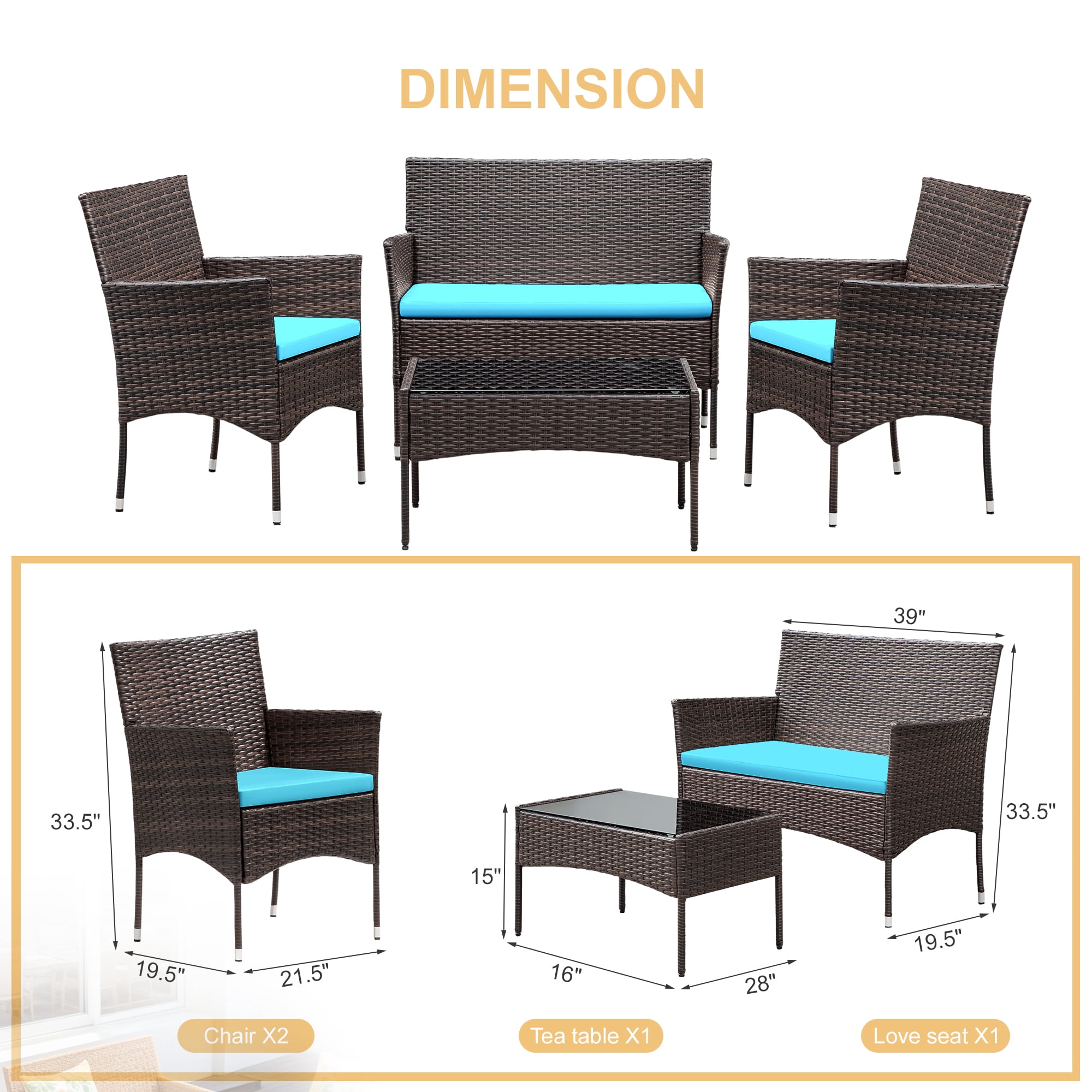 Lacoo 4 Piece Outdoor Patio Furniture PE Rattan Wicker Table and Chairs Set with Cushions, Blue