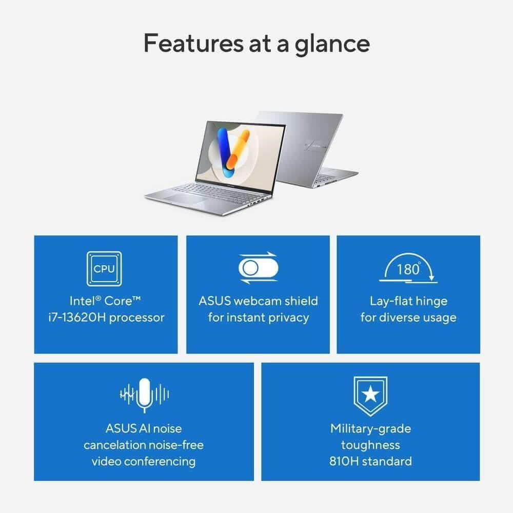 Asus Vivobook 16 Laptop 16 Inch WUXGA IPS Display Intel Core i7 13620H 16GB DDR4 RAM 512GB PCIe SSD WiFi 5 Windows 11 Cool Silver Bundle Antivirus Mouse Pad Screen Cleaner 24 Month CPS Warranty